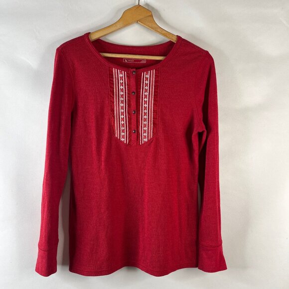 Eddie Bauer Womens Thermal Shirt Top Size Large Red Aztec Embroidered Round Neck - Picture 2 of 9